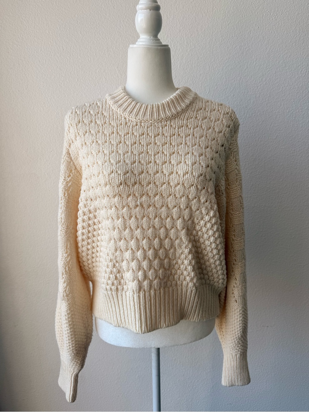 ba&sh Paris Lady Pullover Textured Bubble Knit Wool Cream/Ivory Crewneck Sweater
